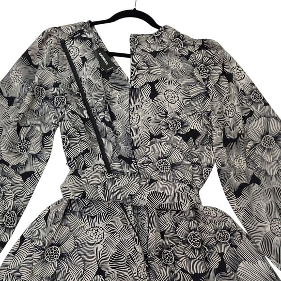 Express Romper Womens Large Black Beige Floral Long Sleeve Tie Front Bohemian - Picture 6 of 13